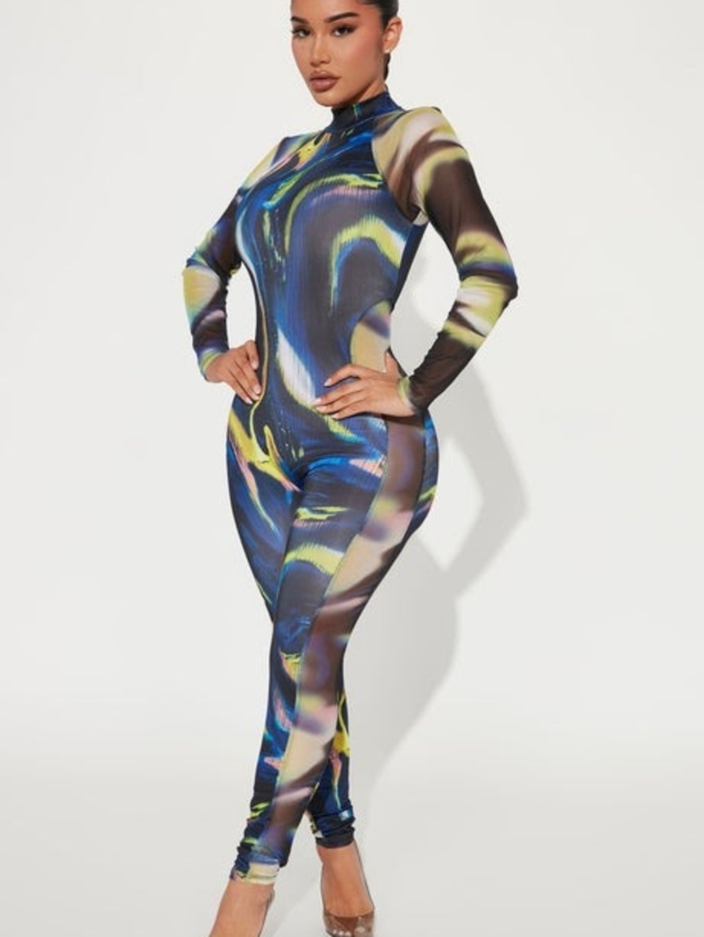 Fashion Nova Multicolor Swirl Long-Sleeve Jumpsuit